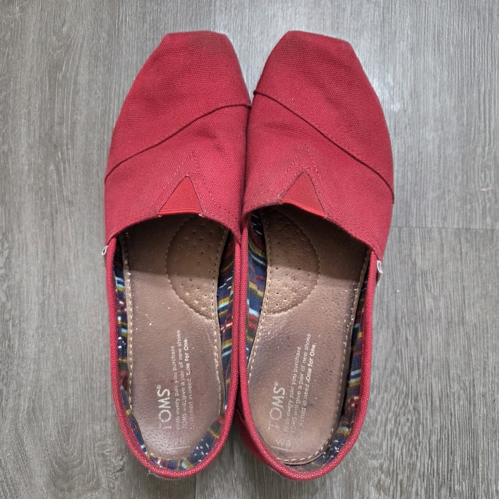 TOMS Red Canvas Slip-On Flats with Patterned Lining